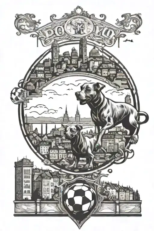 porto city skyline in the background , football and dogs tattoo design idea