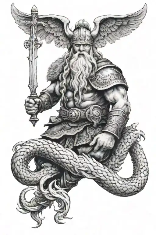 Viking Odin Thor Jörmungandr Valkyrie tattoo design idea