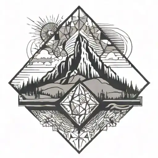 A diamond shape surrounded by geometric patterns, the diamond contains a scene of mountains with a river, trees and star tattoo design idea