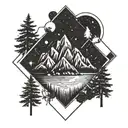 A diamond shape containing a scene of mountains with a river, trees and stars in the sky surrounded by geometric pattern tattoo design idea