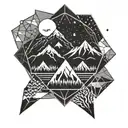 A diamond shape containing a scene of mountains with a river, trees and stars in the sky surrounded by geometric pattern tattoo design idea