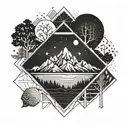 A diamond shape containing a scene of mountains with a river, trees and stars in the sky surrounded by geometric pattern tattoo design idea