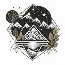 A diamond shape containing a scene of mountains with a river, trees and stars in the sky surrounded by geometric pattern tattoo design idea