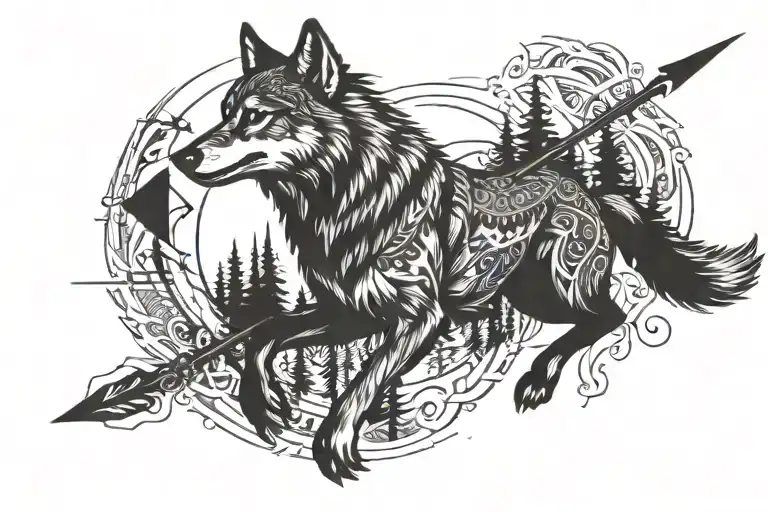 wolf running across archer arrow   tattoo design idea