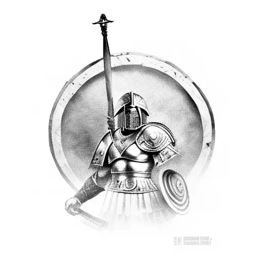 the greek heroe Aquiles with his armour and weapons tattoo design idea