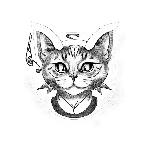 A blackwork tattoo of a cat wearing a Naruto headband, surrounded by musical notes. tattoo design idea