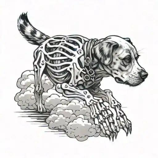 michael anglo touching dog, but one hand is a skeleton and the other is a angles hand. the back ground is hevenly clouds tattoo design idea