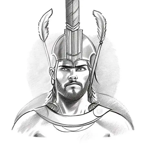 A sketch-style tattoo of a Spartan warrior holding a spear and wearing a helmet adorned with feathers tattoo design idea