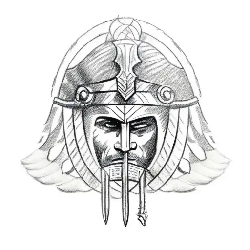 A sketch-style tattoo of a Spartan warrior holding a spear and wearing a helmet adorned with feathers tattoo design idea
