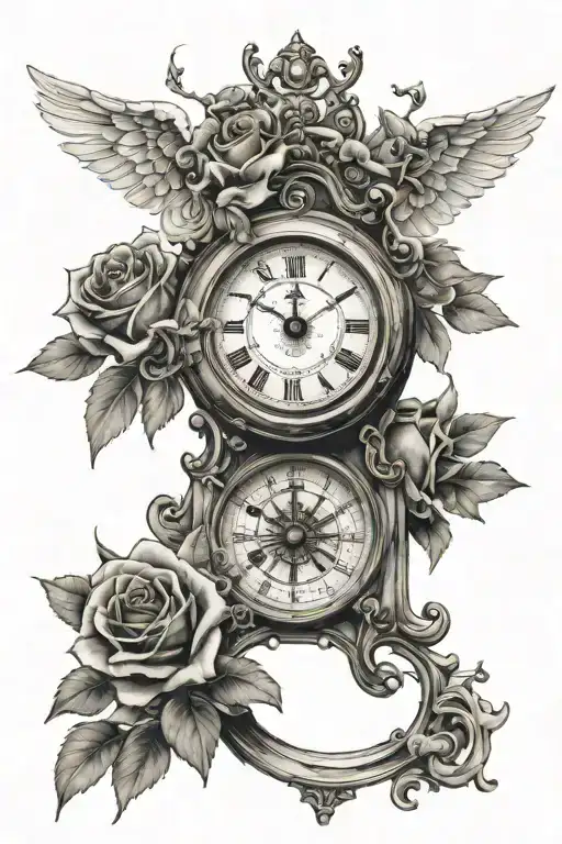 angels, old clock and roses growing tattoo design idea