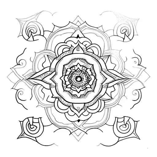 a black and white half sleeve tattoo from the shoulder to the bicep. The top of the tattoo is a mandala, or half mandala tattoo design idea