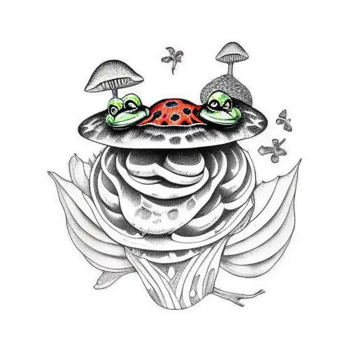 frog on a mushroom with thick lines and heavy shading tattoo design idea