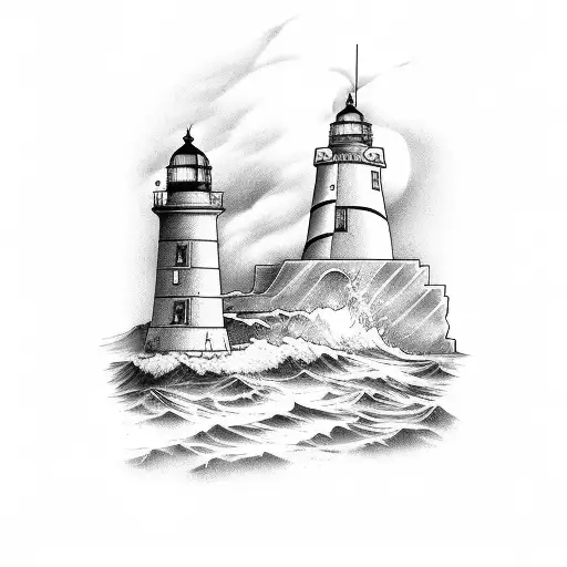 stormy seas lighthouse sexy women with penguin and pebble  tattoo design idea