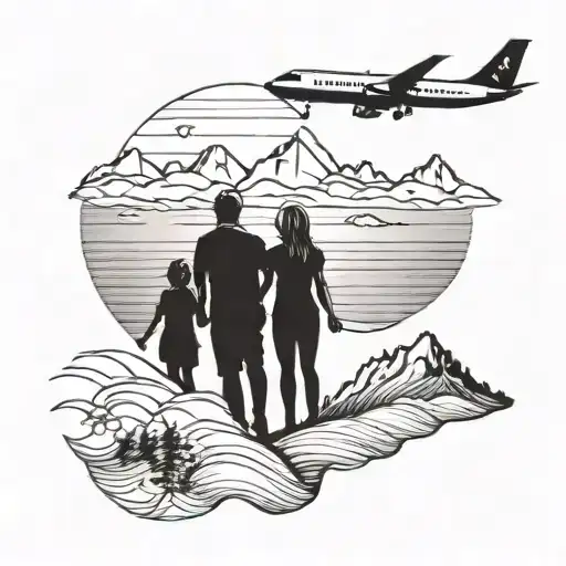 A silhouette of a family holding hands in front of a sunset, with a small airplane flying overhead and a mountain range in the distance tattoo design idea