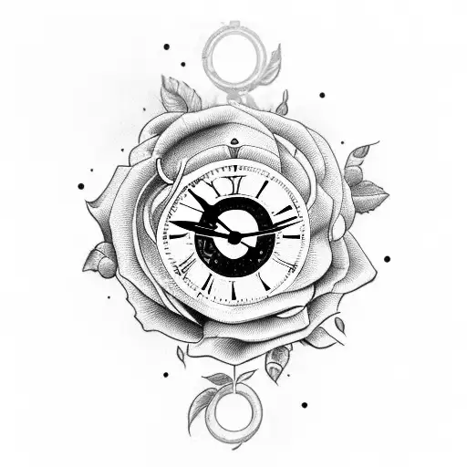 Clock with a rose, inscription on top DECKARD tattoo design idea