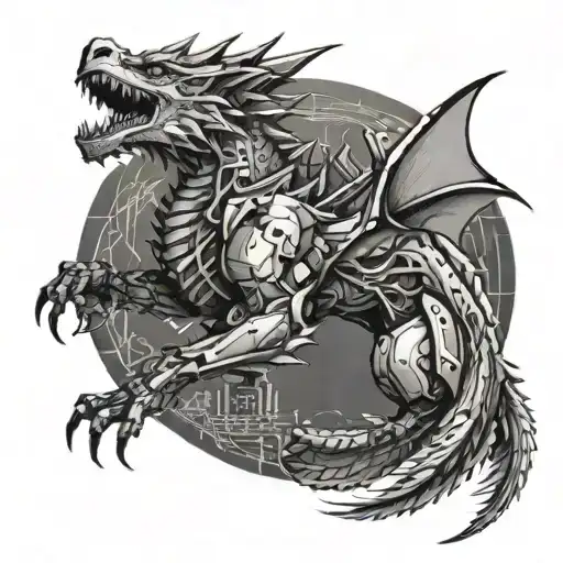 A futuristic cyberpunk dragon battling a mechanical wolf in a pixel art style tattoo design idea