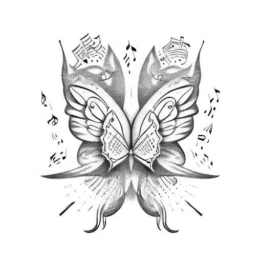 An open book with butterfly wings emerging from the pages, surrounded by music notes tattoo design idea