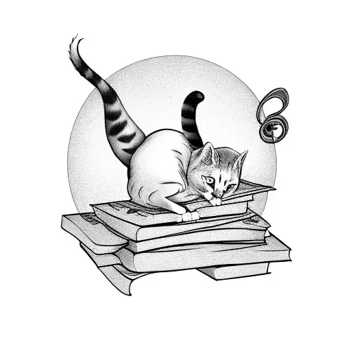 A cat curled up on a stack of books with musical notes floating around tattoo design idea