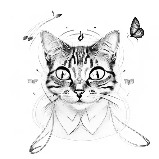 A music sheet forming the shape of a cat's face, with a butterfly flying above it tattoo design idea