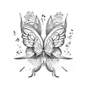 An open book with butterfly wings emerging from the pages, surrounded by music notes tattoo design idea