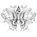 An open book with butterfly wings emerging from the pages, surrounded by music notes tattoo design idea