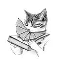 A server holding a book and a microphone, with a cat and butterfly sitting on their shoulder tattoo design idea