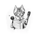 A server holding a book and a microphone, with a cat and butterfly sitting on their shoulder tattoo design idea