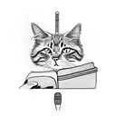 A server holding a book and a microphone, with a cat and butterfly sitting on their shoulder tattoo design idea