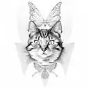 A music sheet forming the shape of a cat's face, with a butterfly flying above it tattoo design idea