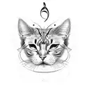 A music sheet forming the shape of a cat's face, with a butterfly flying above it tattoo design idea