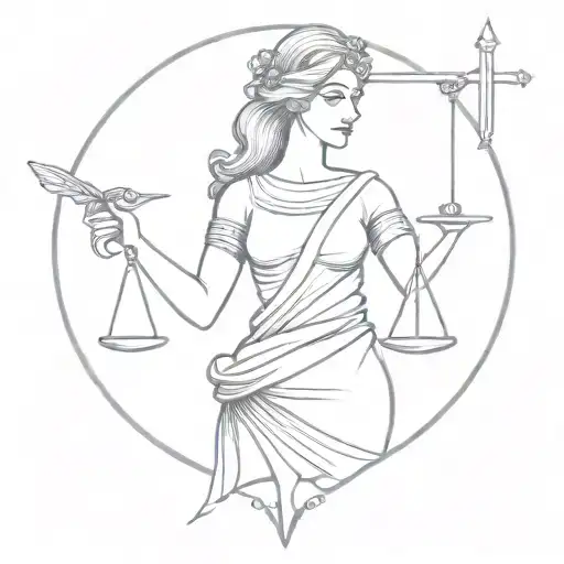 Themis in a mantle with scales and a sword in her hands tattoo design idea