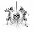 saint Michael vs the grim reaper, crossing blades hyperrealistic, black tattoo design idea