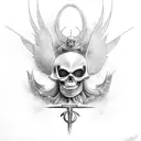 saint Michael vs the grim reaper, crossing blades hyperrealistic, black tattoo design idea