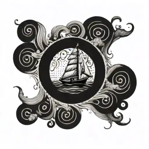 A stylized blackwork tattoo of a boat sailing through intricate dotwork waves inside a square tattoo design idea