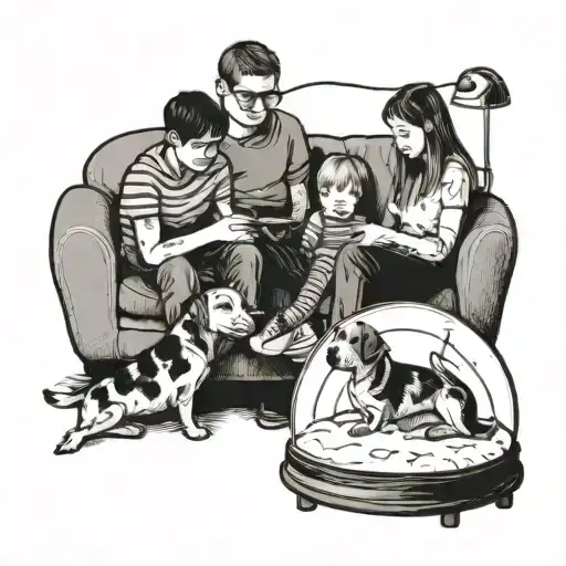 parents, grandmother, brother watching tv on the sofa, sister playing with a beagle on the carpet floor in a snowglobe  tattoo design idea