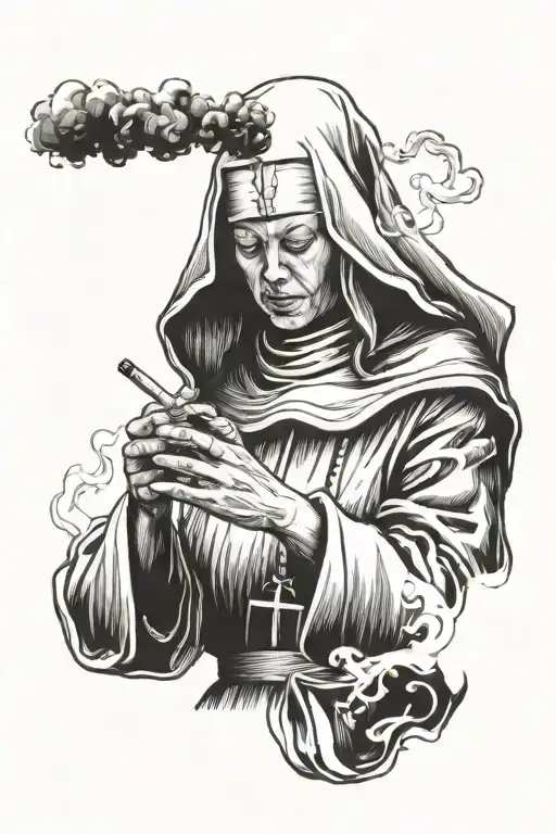 beautiful nun with a cigarette in her hand smokes and releases smoke tattoo design idea