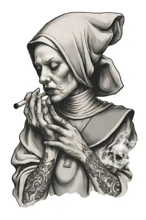 beautiful nun with a cigarette in her hand smokes and blows out smoke tattoo design idea