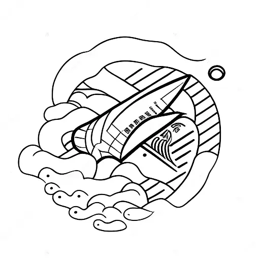 bottle floating on the waves in which there is a paper in shape of a surfboard with written coordinates on it  tattoo design idea