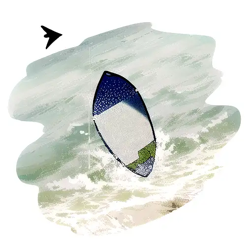 bottle floating on the waves in which there is a paper in shape of a surfboard with written coordinates on it  tattoo design idea
