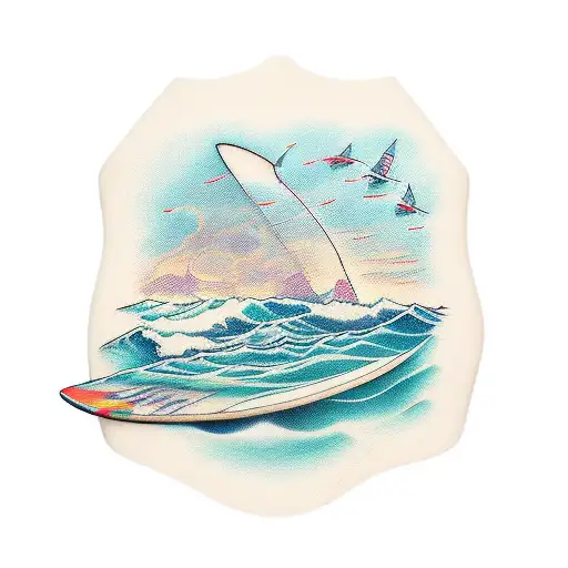 bottle floating on the waves in which there is a paper in shape of a surfboard with written coordinates on it  tattoo design idea