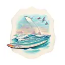 bottle floating on the waves in which there is a paper in shape of a surfboard with written coordinates on it  tattoo design idea