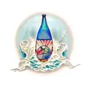 bottle floating on the waves in which there is a paper in shape of a surfboard with written coordinates on it  tattoo design idea