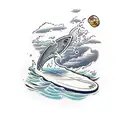 bottle floating on the waves in which there is a paper in shape of a surfboard with written coordinates on it  tattoo design idea