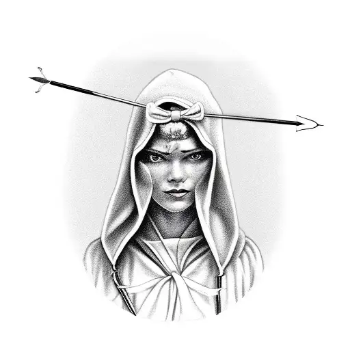 Woman in a hood holding a bow with an arrow tattoo design idea