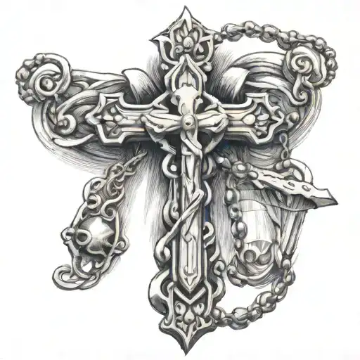 rosary with a cross around arm tattoo design idea