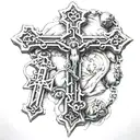 rosary with a cross around arm tattoo design idea