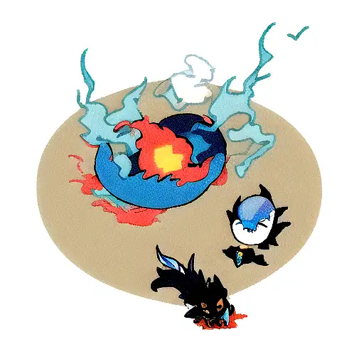 black dragon with blue breath and another dragon with fire breath with and phoenix egg in the middle tattoo design idea
