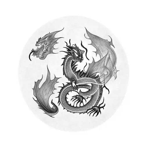 black dragon with blue breath and another dragon with fire breath with and phoenix egg in the middle of both dragons tattoo design idea