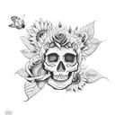 skull, sunflower, roses, music notes, butterfly, anchor  tattoo design idea
