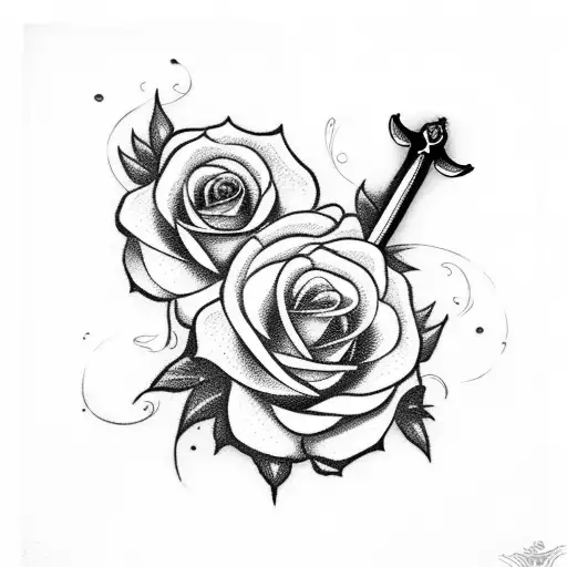 sword with roses tattoo design idea